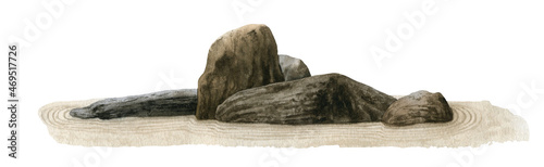 Canvas Print Japanese rock garden hand drawn in watercolor isolated on a white background