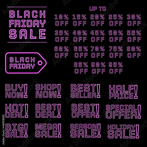 Black Friday sale tags icon set. Pink-purple neon light. For sales promotion, social media post, web banners. 