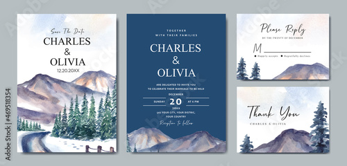 Watercolor wedding invitation set of winter landscape with mountain and pine trees 