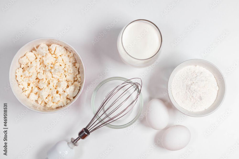 Baking background. Flour and various ingredients for dough. Baking background. Flour and various ingredients for dough.