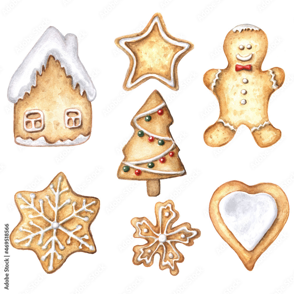 Watercolor christmas set with gingerbread, home, tree, heart, snowflake, gingerbread man, star, isolated on white