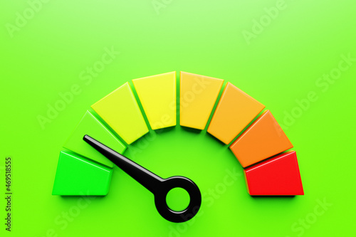 3d illustration of a bright instrument panel depicting values from normal to critical values in different colors on a green background