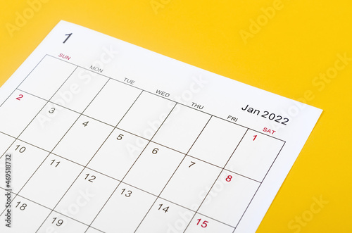 January 2022 calendar sheet on yellow background.