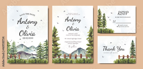 Watercolor wedding invitation set of mountain and pine trees