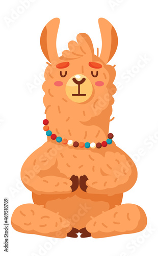 Yoga lama. Alpaca meditates. Cartoon cute animal