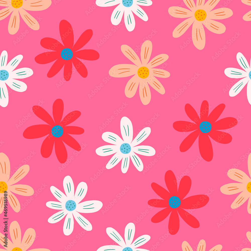 Creative ditsy seamless pattern on pink background. Cute chamomile print. Creative ditsy seamless pattern on pink background. Cute chamomile print.
