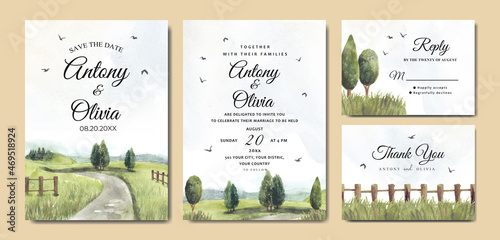 Wedding invitation set of green nature landscape with road and garden fence watercolor