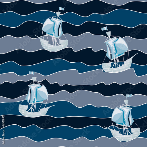 Pirate ship on wave seamless pattern. Kids abstract sea waves endless wallpaper. Boat in ocean background.