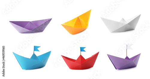 Set with multicolor paper boats on white background. Banner design