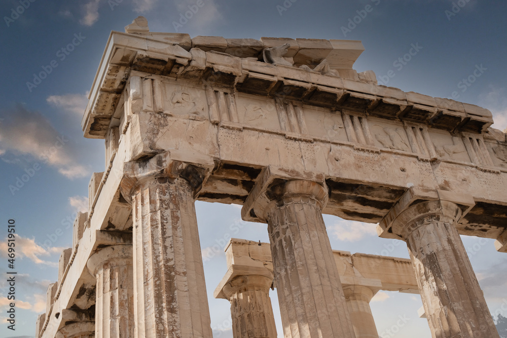 View of the Erechtheion temple at the Athens Acropolis in Athens Greece