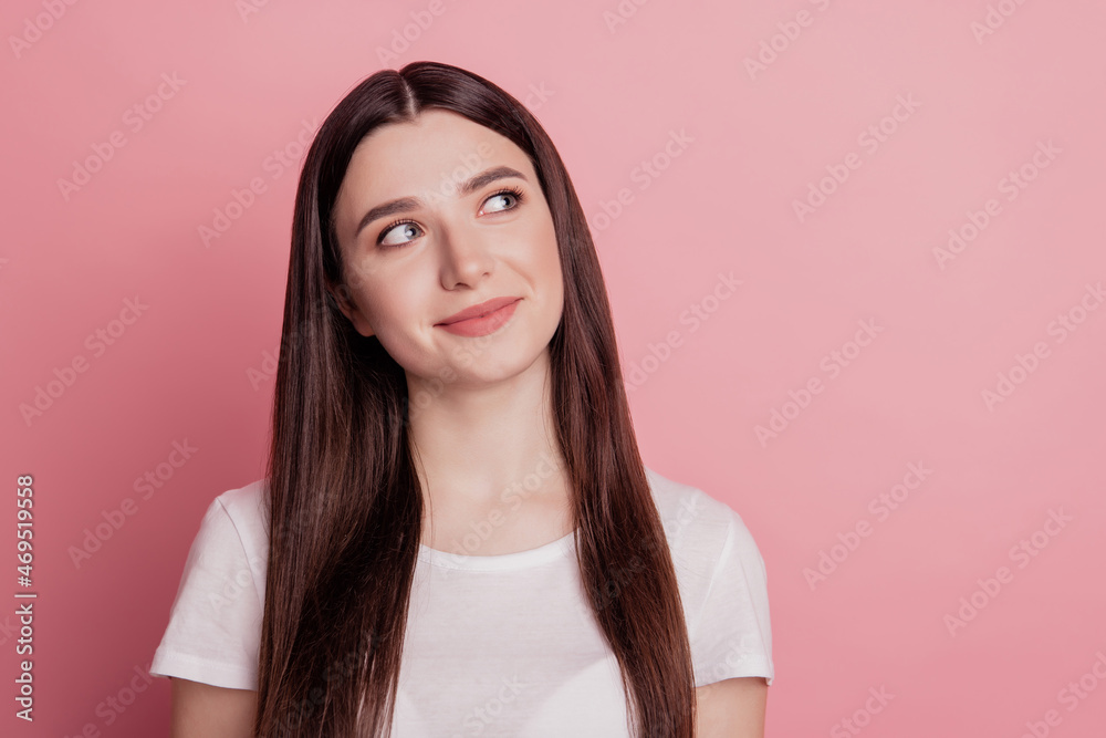 Photo of pretty lady happy positive smile look empty space dreamer isolated bright pink color background Photo of pretty lady happy positive smile look empty space dreamer isolated bright pink color background