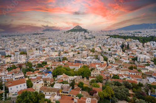 Mount Lycabettus and Athens cityscape aerial photo, view from Acropolis hill in Greece