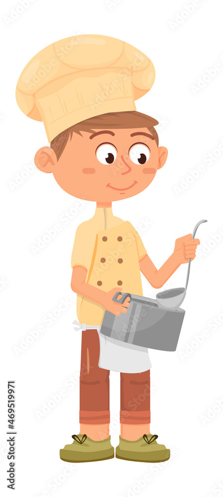 Chef kid serving soup. Boy holding ladle and cooking pot Chef kid serving soup. Boy holding ladle and cooking pot