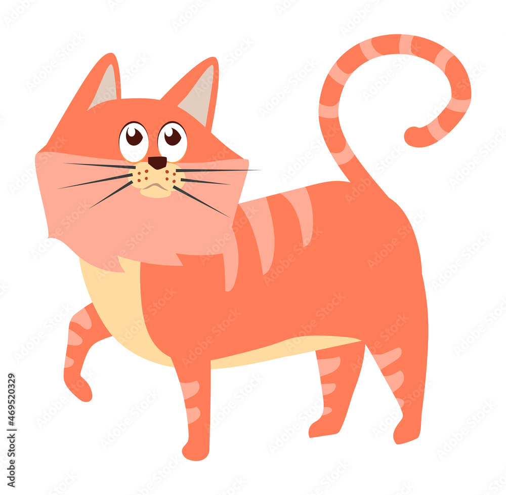 Striped red cat. Walking fluffy animal in cartoon style