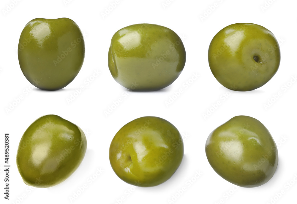 Set with fresh green olives on white background Set with fresh green olives on white background