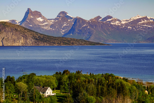 View of the Norwegian Sea and snow-capped mountains, Leknes, Nordland, Norway, Scandinavia