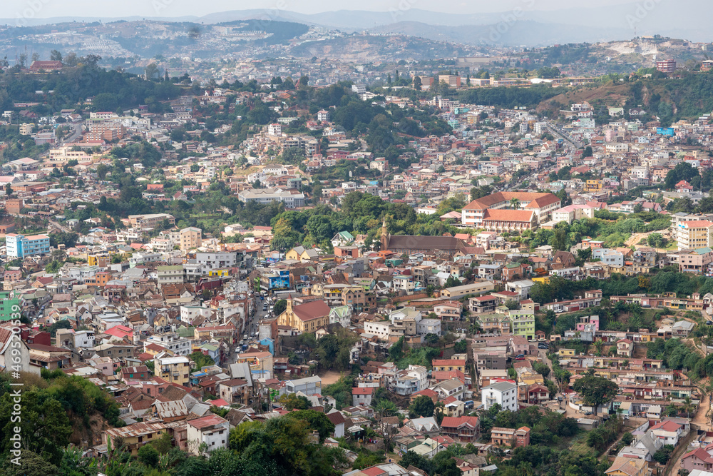 An aerial view of Antananarivo, Madagascar, revealing the city’s dense urban sprawl and complex layout as seen from above An aerial view of Antananarivo, Madagascar, revealing the city’s dense urban sprawl and complex layout as seen from above