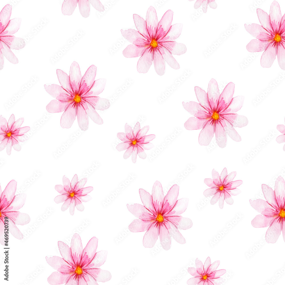 Pink flowers watercolor seamless pattern. Template for decorating designs and illustrations.