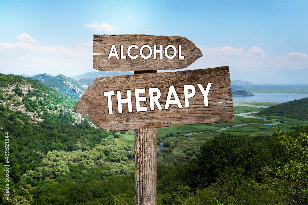 Alcohol addiction: what to choose - therapy or life with bad habit? Wooden signpost with different directions against beautiful mountain landscape