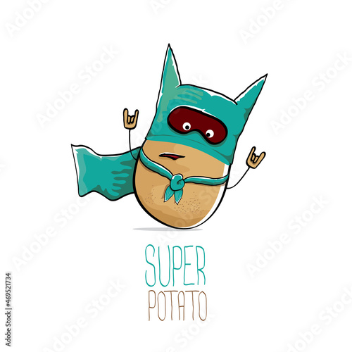 vector funny cartoon cute brown super hero potato with green hero cape and hero mask isolated on white background. My name is potato vector concept. super vegetable food character