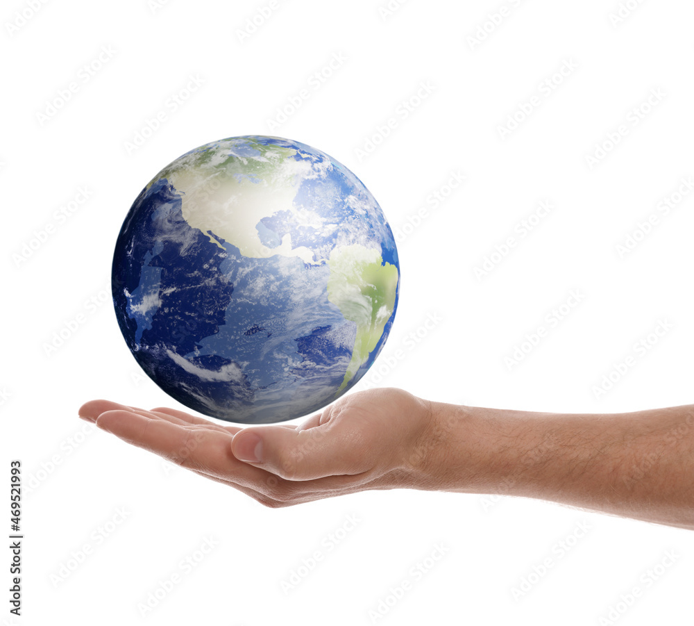 World in our hands. Man holding digital model of Earth on white background, closeup view World in our hands. Man holding digital model of Earth on white background, closeup view