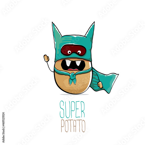 vector funny cartoon cute brown super hero potato with green hero cape and hero mask isolated on white background. My name is potato vector concept. super vegetable food character