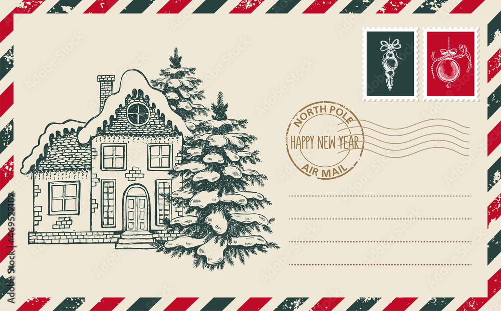 Christmas mail, postcard, hand drawn illustration. Christmas mail, postcard, hand drawn illustration.