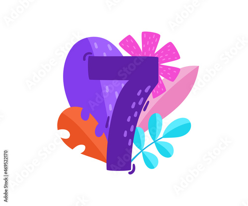 Vector floral number 7 with neon decorative leaves photo