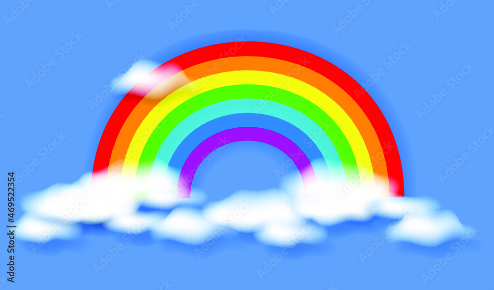 Fototapeta premium Rainbow and realistic clouds. Color arched rainbow and transparent clouds on blue sky