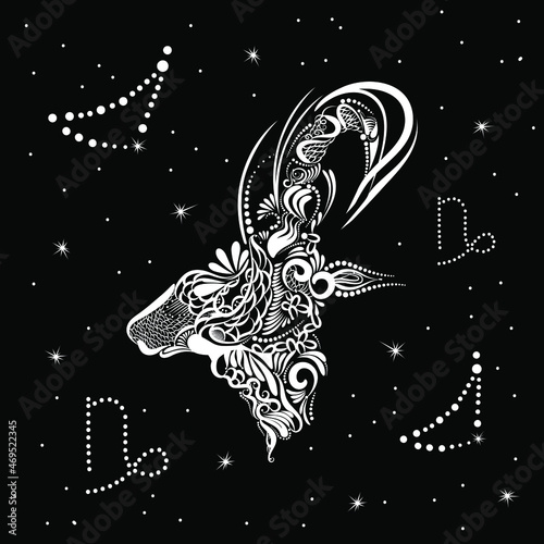 Capricorn Zodiac sign. Horoscope constellation, stars.Black space with dots stars, shiny bokeh.Vector science background. Symbol, Astrology Illustration, Capricorn silhouette