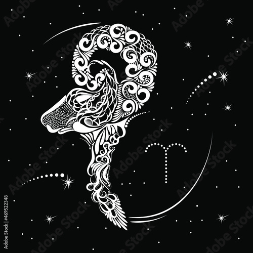Aries Zodiac sign. Horoscope constellation, stars.Black space with dots stars, shiny bokeh.Vector science background. Symbol, Astrology Illustration, Aries silhouette