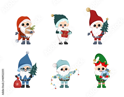 Set of little winter gnomes with long white beard, happy face and holiday items. Character for New Year, Christmas and winter design