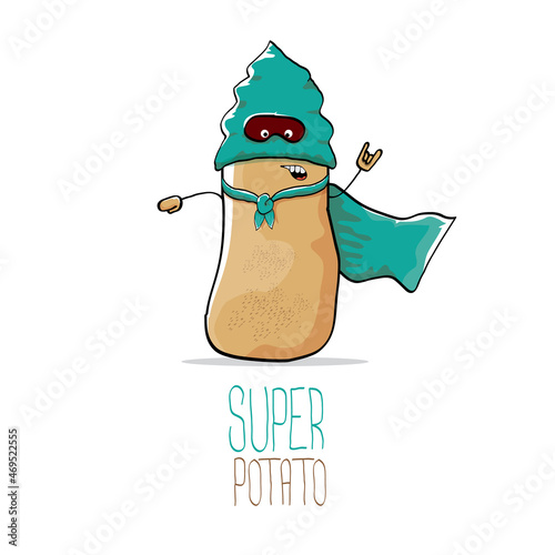 vector funny cartoon cute brown super hero potato with green hero cape and hero mask isolated on white background. My name is potato vector concept. super vegetable food character