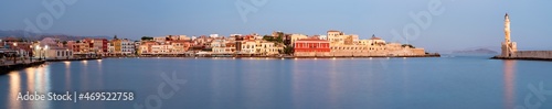Panoramic of the old Venetian port and lighthouse during the blue hour, Chania, Crete, Greek Islands photo