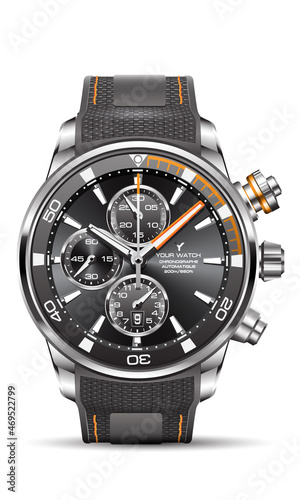 Realistic watch clock chronograph dark grey orange  rubber strap dial design for men fashion on white background vector illustration.
