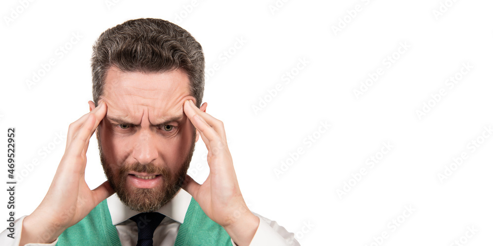 suffering businessman isolated on white. stressed guy with moustache having headache. suffering businessman isolated on white. stressed guy with moustache having headache.