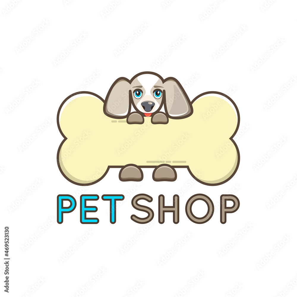 Naklejka premium Dog with a bone. Vector Illustration. Pet shop logo. Unique cartoon design for blog, pet hotel, pet shop, veterinary clinic or other animals related website or product.