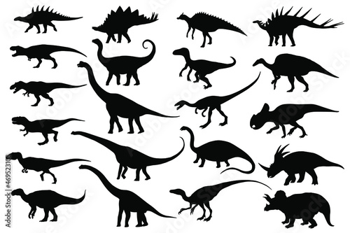 Dinosaur Silhouettes Set: Tyrannosaurus, Triceratops, Stegosaurus, Allosaurus, Velociraptor, Brontosaurus, Diplodocus, Corytosaurus, Protoceratops. Vector illustration.