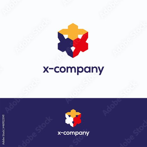 X company logo. X letter 3d logo template. Hexagon cube logotype with letter x