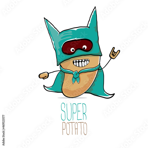 vector funny cartoon cute brown super hero potato with green hero cape and hero mask isolated on white background. My name is potato vector concept. super vegetable food character