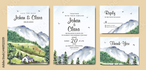 Wedding invitation set with nature landscape with house and mountain watercolor