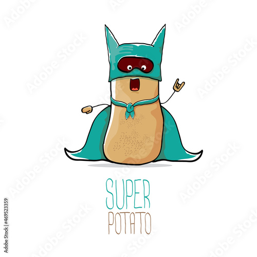 vector funny cartoon cute brown super hero potato with green hero cape and hero mask isolated on white background. My name is potato vector concept. super vegetable food character