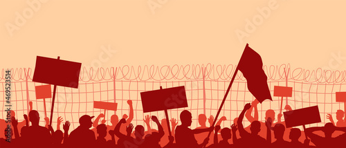 Migrants cross the border. Migration crisis. Border crossing. People at the barbed wire fence. Stock vector illustration.
