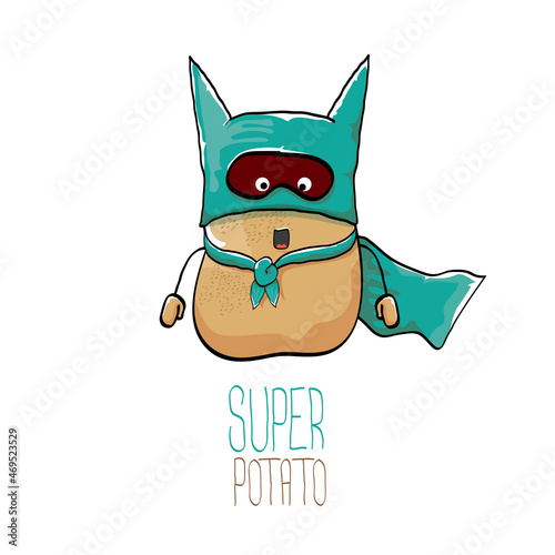 vector funny cartoon cute brown super hero potato with green hero cape and hero mask isolated on white background. My name is potato vector concept. super vegetable food character