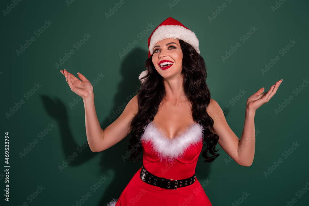 Photo of gorgeous perfect boobs babe enjoy x-mas striptease wear hat santa costume isolated green color background Photo of gorgeous perfect boobs babe enjoy x-mas striptease wear hat santa costume isolated green color background