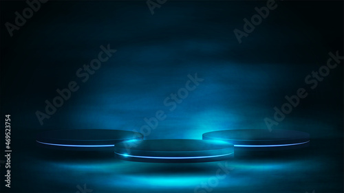 Blue and dark digital scene with 3d realistic empty dark podiums for product presentation