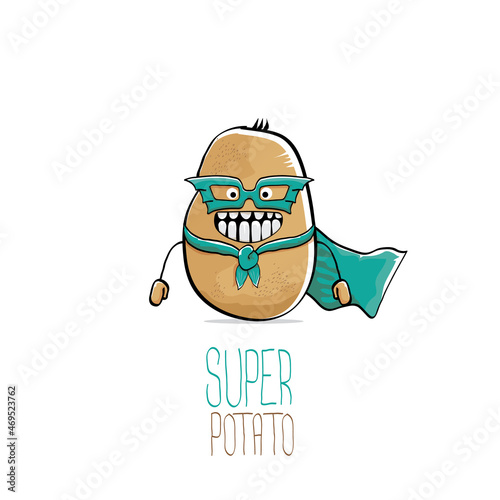 vector funny cartoon cute brown super hero potato with green hero cape and hero mask isolated on white background. My name is potato vector concept. super vegetable food character