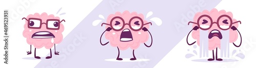 Vector set of creative illustration of unhappy and cry brain character in glasses. Flat doodle style knowledge concept design of emotional pink brain in different pose