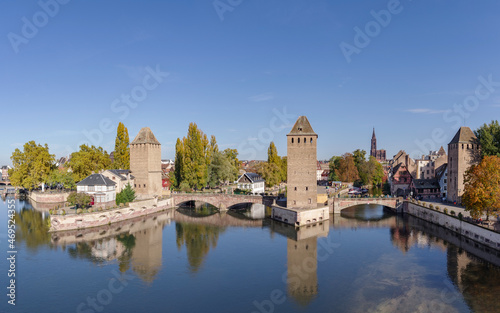 France, Alsace, View of Strasbourg old town cityscape from Barrage Vauban promenade