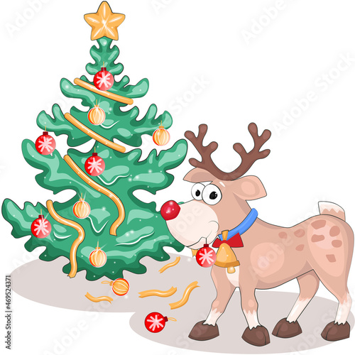 Santa s reindeer Rudolph has thrown toys from the Christmas tree and holds one in his mouth. Funny cute vector illustration